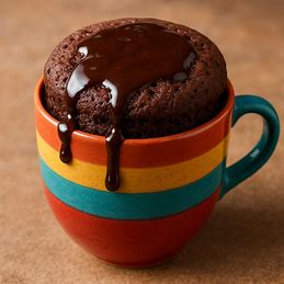 Bolo de caneca de chocolate, com calda derretida por cima, em uma caneca colorida.
