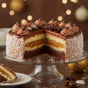 Read more about the article Bolo de Aniversário de 3 Camadas: Chocolate, Doce de Leite e Coco – Perfeito para Festas!