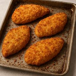 Filés de frango à milanesa dourados e crocantes em uma assadeira, recém-tirados do forno.