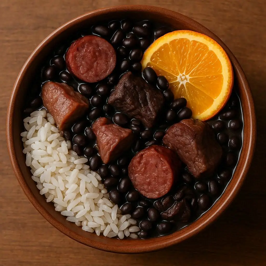 Uma tigela de feijoada com feijão preto e pedaços de carne de porco e boi, acompanhada de arroz e uma fatia de laranja.