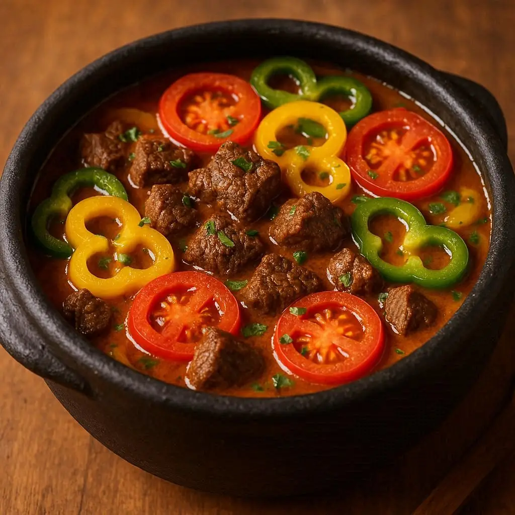 Moqueca de carne com pimentões e tomates, servida em uma panela de barro tradicional.