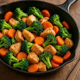 Frango salteado com brócolis e cenoura em uma frigideira.