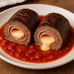 Dois bifes à rolê recheados com presunto e queijo, dispostos em um prato com molho de tomate.