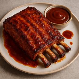 Costelinha de Porco no Forno: Uma costelinha de porco assada e com molho, em um prato, com um acompanhamento de molho barbecue.
