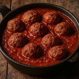 Almôndegas assadas rústicas em um molho de tomate espesso, servidas em uma travessa de ferro ou cerâmica.