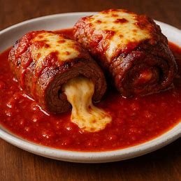 Bifes à rolê cozidos em molho vermelho, com queijo derretido escorrendo do recheio, servidos em um prato.