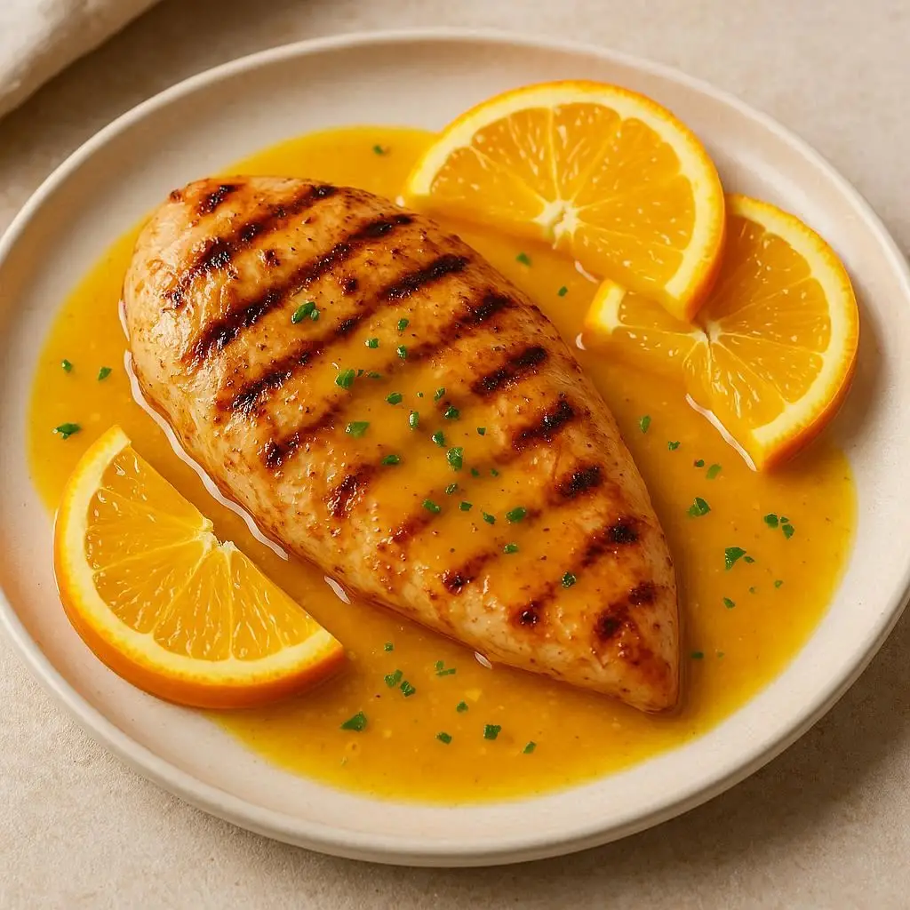 Filé de frango grelhado com molho de laranja em um prato, decorado com rodelas de laranja.