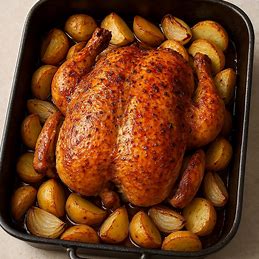 Frango assado inteiro em uma assadeira com batatas e cebolas, com a pele dourada e crocante.