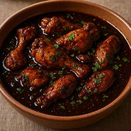 Prato com pedaços de frango em um molho escuro e espesso, com cheiro-verde picado.