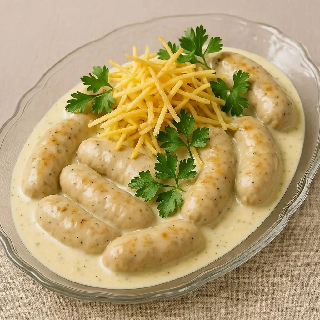 Salpicão de frango cremoso em uma travessa de vidro, com batata palha e cheiro-verde por cima.