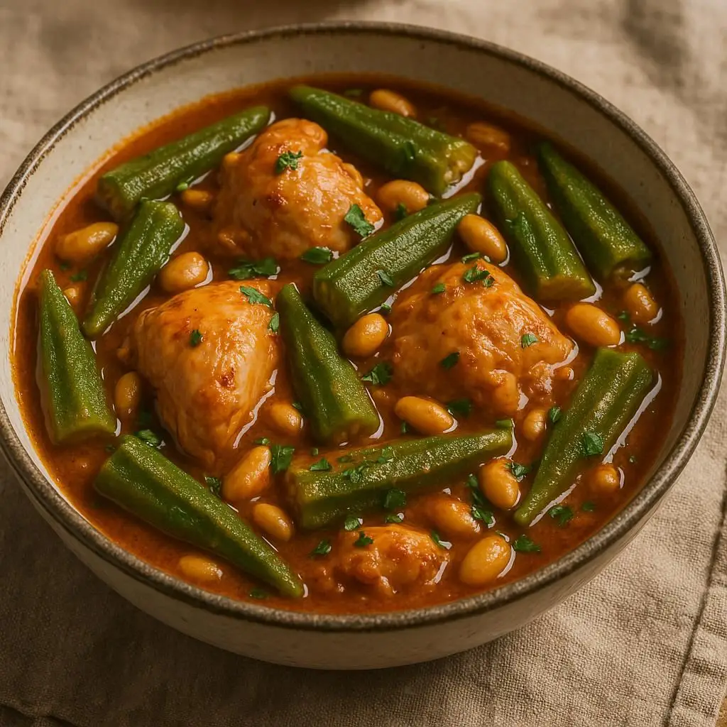 Frango com quiabo e amendoim em uma travessa, com o molho cremoso e pedaços de amendoim por cima.
