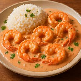Strogonoff de camarão em um molho levemente rosado, com camarões grandes, servido com arroz e salsa.
