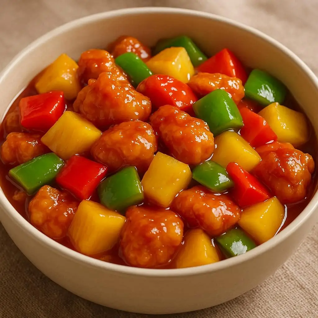 Frango agridoce com pedaços de abacaxi e pimentões coloridos em um prato fundo.