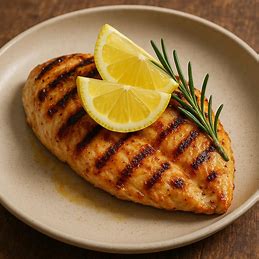 Filé de frango grelhado em um prato, com fatias de limão por cima e um raminho de alecrim.