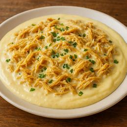 Frango com catupiry cremoso em um prato, com cheiro-verde picado por cima.