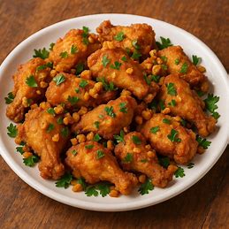 Prato com pedaços de frango à passarinho frito, com alho dourado e cheiro-verde por cima.