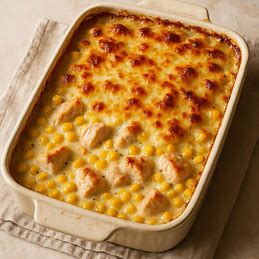 Tigela de frango cremoso com milho, coberto com queijo gratinado e borbulhante.
