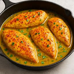 Filés de frango em um molho brilhante de mostarda e mel em uma frigideira.