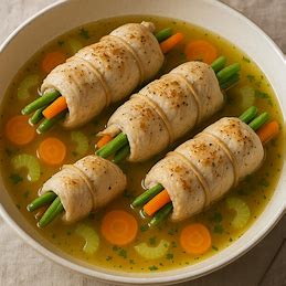Rolinhos de filé de frango recheados com cenoura e vagem, cozidos em um caldo leve de legumes.