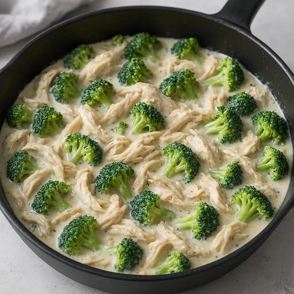 Panela com frango desfiado, brócolis e molho cremoso de requeijão.