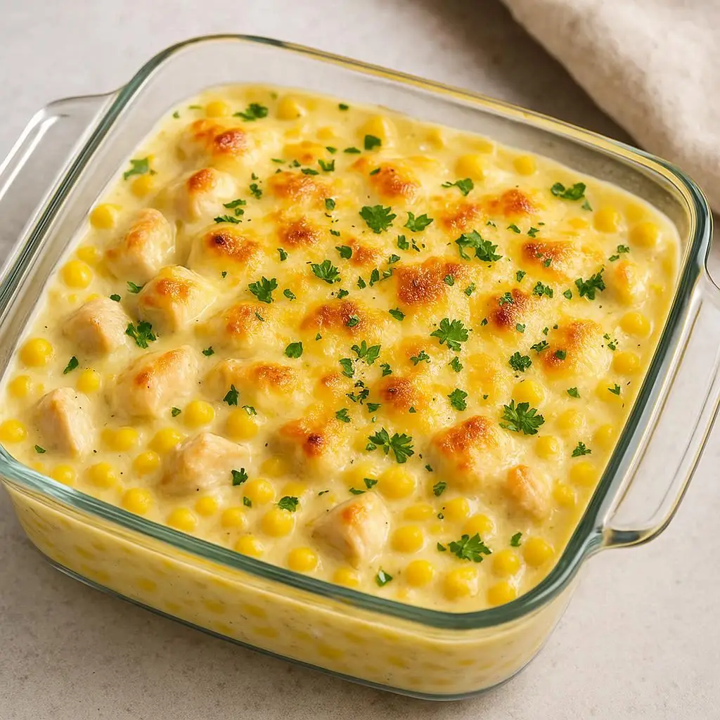 Frango com creme de milho cremoso em uma tigela de vidro, com queijo gratinado e cheiro-verde por cima.