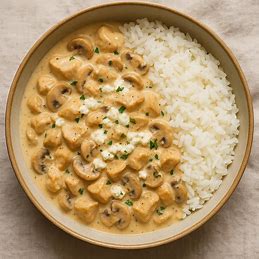 Strogonoff de frango com molho branco e requeijão, em um prato fundo, servido com arroz.