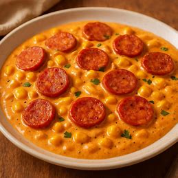 Strogonoff feito com rodelas de linguiça calabresa, em um molho cremoso com milho e especiarias.