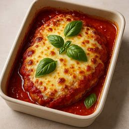 Prato de frango à parmegiana gratinado, com o queijo derretido e manjericão fresco por cima.