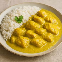 Frango ao curry em um prato, com um molho amarelado e cremoso, servido com arroz branco.