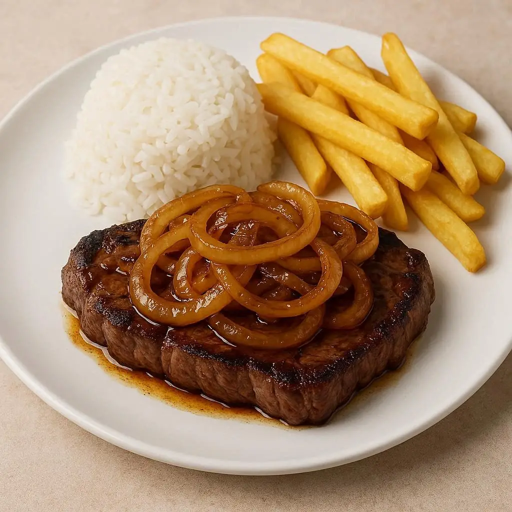 Bife coberto com cebolas caramelizadas, servido em um prato branco com arroz e batata frita.