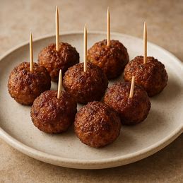 Pequenas almôndegas fritas e crocantes, douradas, servidas em um prato com um palito de dente.