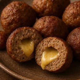 Uma almôndega cortada ao meio, mostrando o recheio de queijo derretido no centro, ao lado de outras almôndegas inteiras.