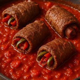 Bifes à rolê de carne bovina cozidos em molho de tomate, recheados com bacon e pimentão.