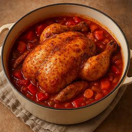 Frango de panela em um prato fundo, com um molho de tomate avermelhado e pedaços de legumes.