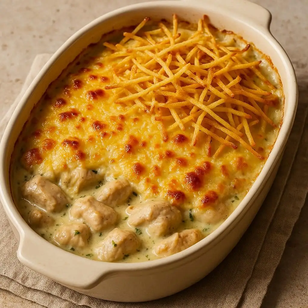 Fricassé de frango cremoso em uma tigela, com queijo gratinado e batata palha por cima.
