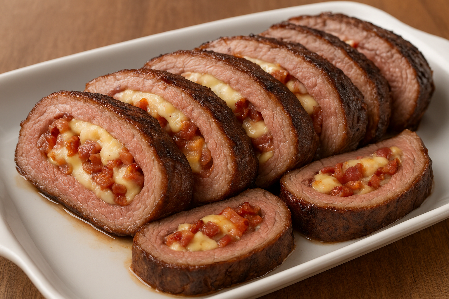 Fatias de picanha recheada com queijo e bacon, arranjadas em uma travessa de servir.