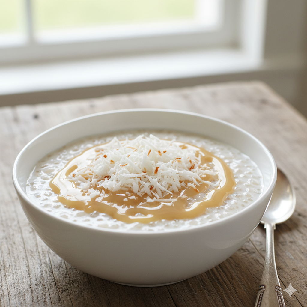 Tigela de mingau de tapioca com coco ralado e leite condensado.