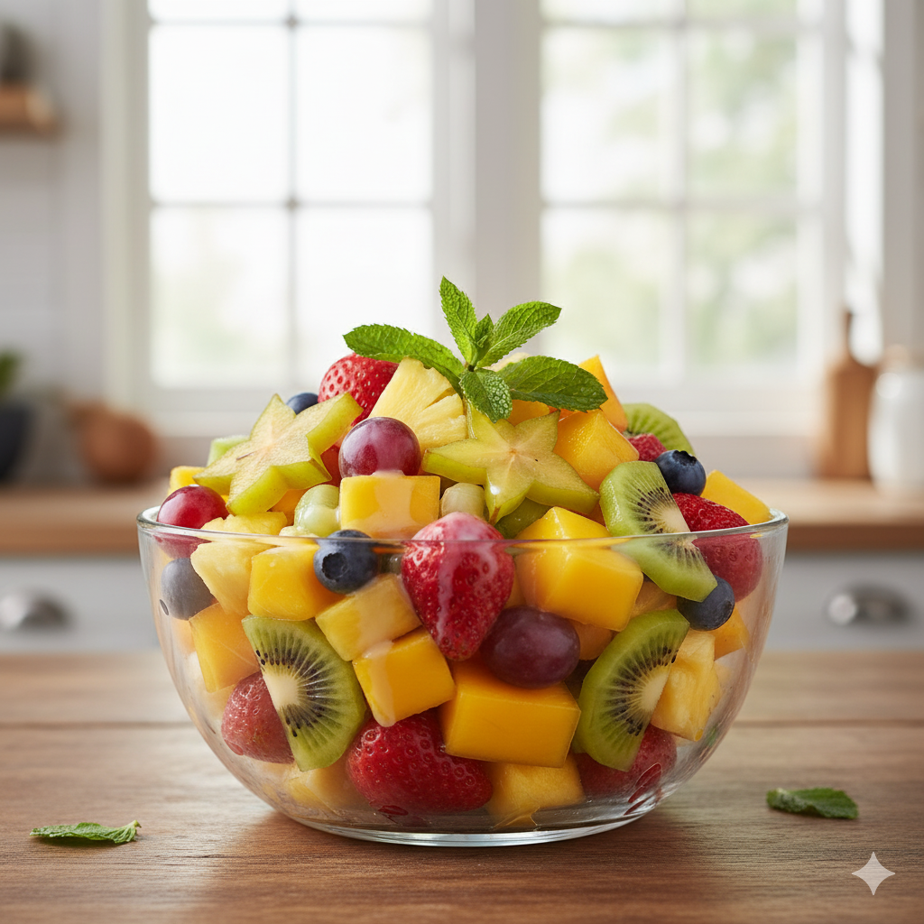 Tigela colorida de salada de frutas tropicais com folhas de hortelã no topo.