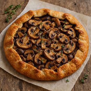 Torta Rústica de Cogumelos (Galette). Foto de uma torta salgada aberta e rústica, com a massa dobrada irregularmente sobre o recheio (estilo galette). O recheio é composto por cogumelos salteados, queijo e tomilho.