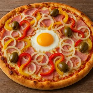 Pizza portuguesa com presunto, ovo, pimentão, cebola e azeitonas sobre queijo derretido.