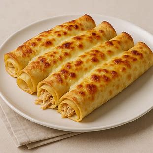 Panquecas recheadas com frango desfiado e queijo gratinado no forno, servidas em prato branco.