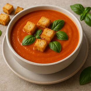 Sopa cremosa de tomate com folhas de manjericão fresco e croutons dourados por cima.”
