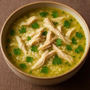 Tigela com canja de galinha tradicional, arroz, pedaços de frango desfiado e salsinha fresca, servida quente.