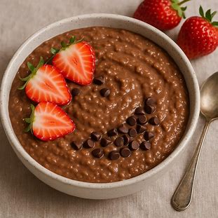 Tigela de mingau de chocolate cremoso com raspas de chocolate e morangos frescos.