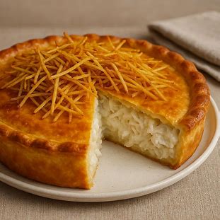 Torta de Bacalhau Cremosa. Foto de uma torta salgada sofisticada, com massa dourada e cobertura de batata palha. Um corte na fatia revela o recheio branco e cremoso de bacalhau desfiado.
