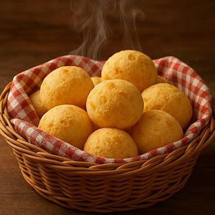 Cesta com pães de queijo mineiros dourados e fumegantes sobre guardanapo xadrez.