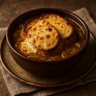 Tigela de sopa de cebola gratinada com pão torrado e queijo derretido, servida em prato rústico.