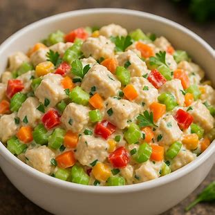 Salada cremosa de frango com maionese Hellmann’s servida em tigela branca com legumes coloridos.