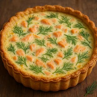 Quiche de Salmão e Endro (Dill). Foto de uma quiche elegante e dourada. O recheio cremoso e claro contém lascas de salmão e folhas de endro.