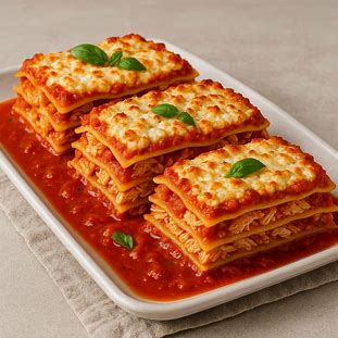 Lasanha de frango com molho de tomate e requeijão gratinado, servida fatiada em travessa.